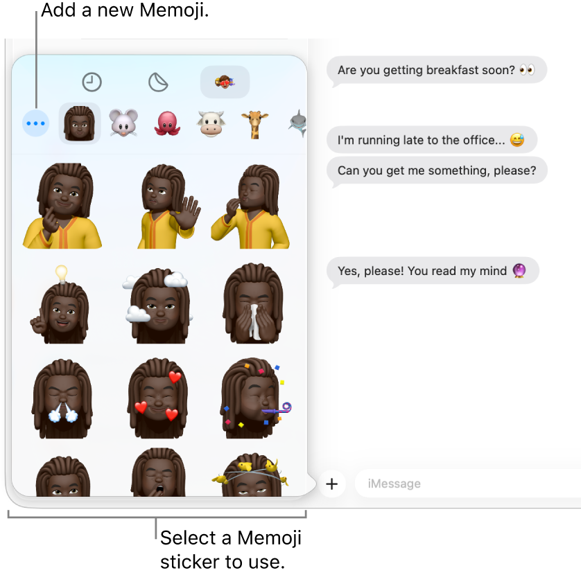 The Messages window with several conversations listed in the sidebar on the left, and a transcript showing on the right. When choosing Memoji Stickers from the Apps button, you can select a Memoji sticker to use or create a new Memoji.