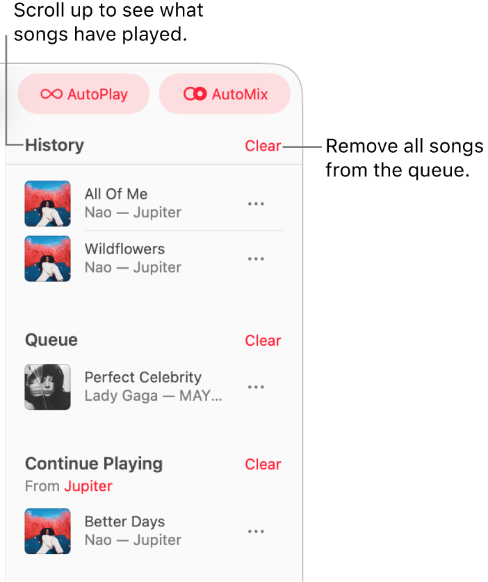 The queue is visible at the top-right corner of Apple Music. The History, Queue, and Continue Playing sections appear.
