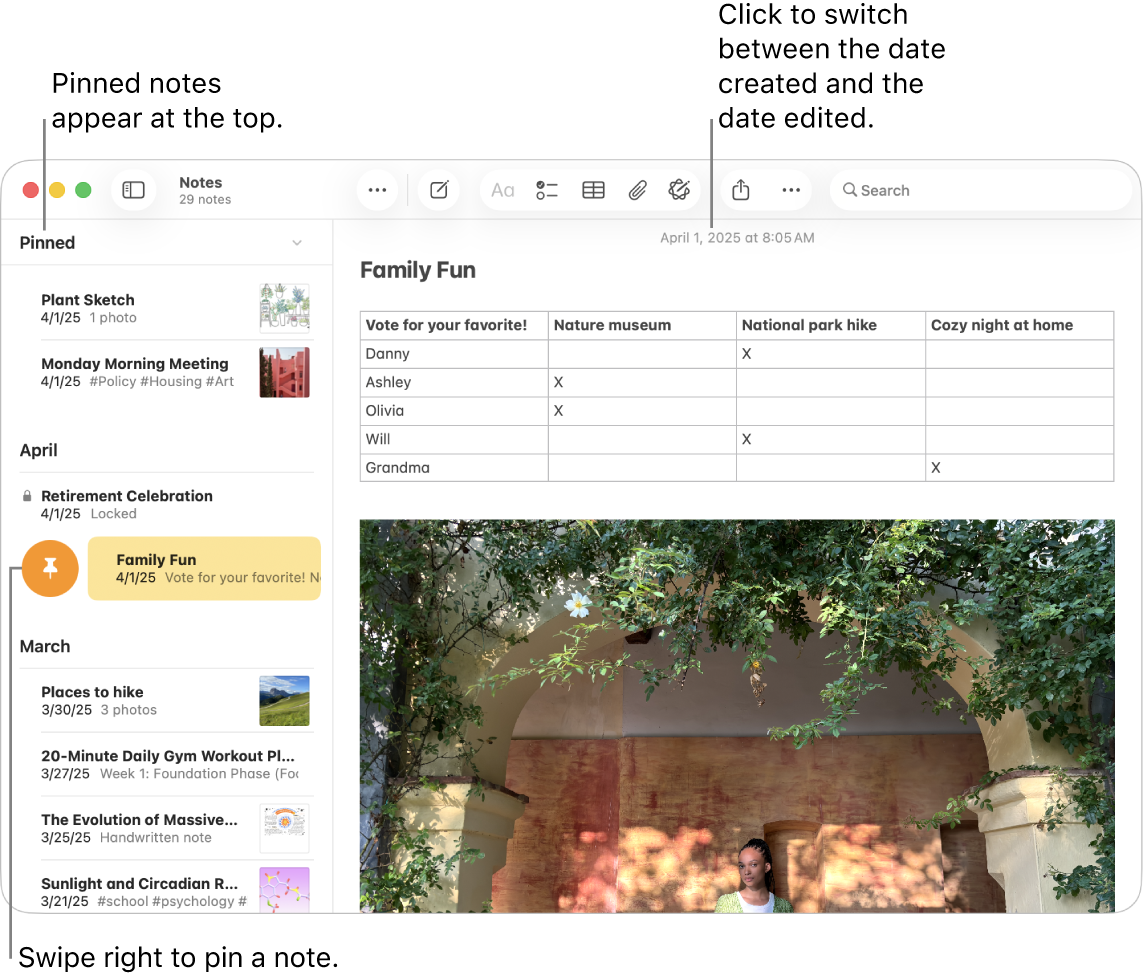 A Notes app window on Mac with the list of notes at the left, pinned notes at the top of the notes list, and the Pin button on one note. The content of that note appears on the right with the date at the top; click the date to switch between the date created and the date edited.