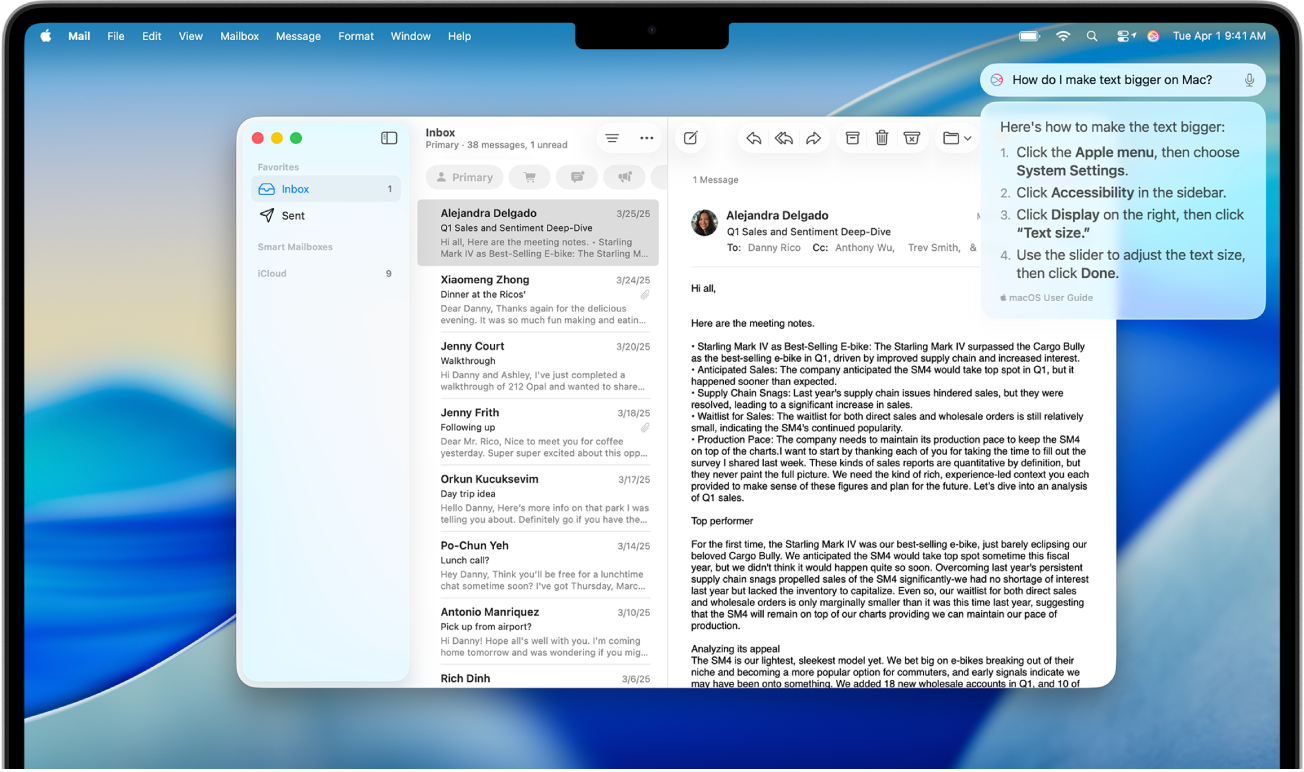 Macデスクトップの右上にあるSiriへのリクエストのフィールドとその応答。