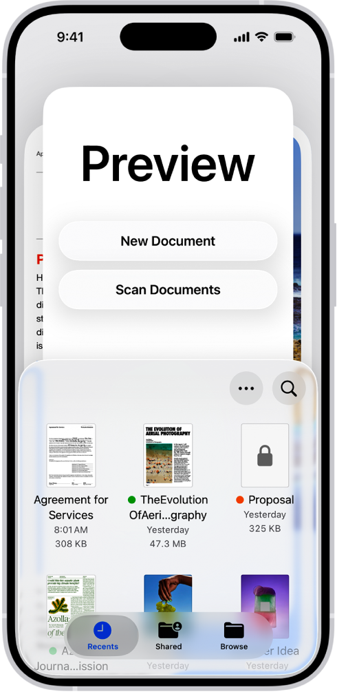 Der Hauptbildschirm der App „Vorschau“. Die Tasten „Neues Dokument“ und „Dokumente scannen“ befinden sich in der Mitte des Bildschirms. Unten auf dem Bildschirm werden die Tabs „Zuletzt“, „Teilen“ und „Durchsuchen“ angezeigt.