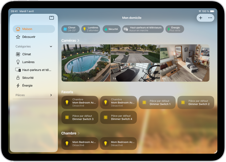 Illustration : Une capture d’écran de l’app Maison affichant plusieurs appareils pouvant être contrôlés.