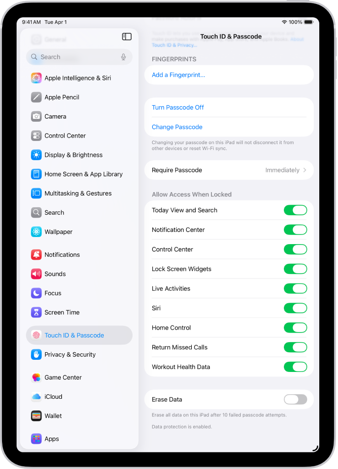 Cài đặt Face ID & Mật mã, với các tùy chọn để cho phép truy cập vào các tính năng cụ thể khi iPad được khóa.
